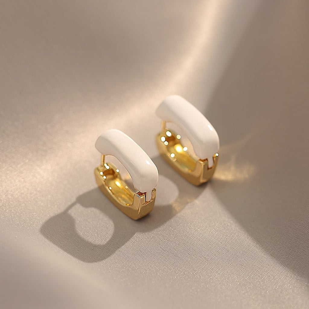 White Enamel Square 18K Gold Copper Stud Hoop Earring For Women Bulk