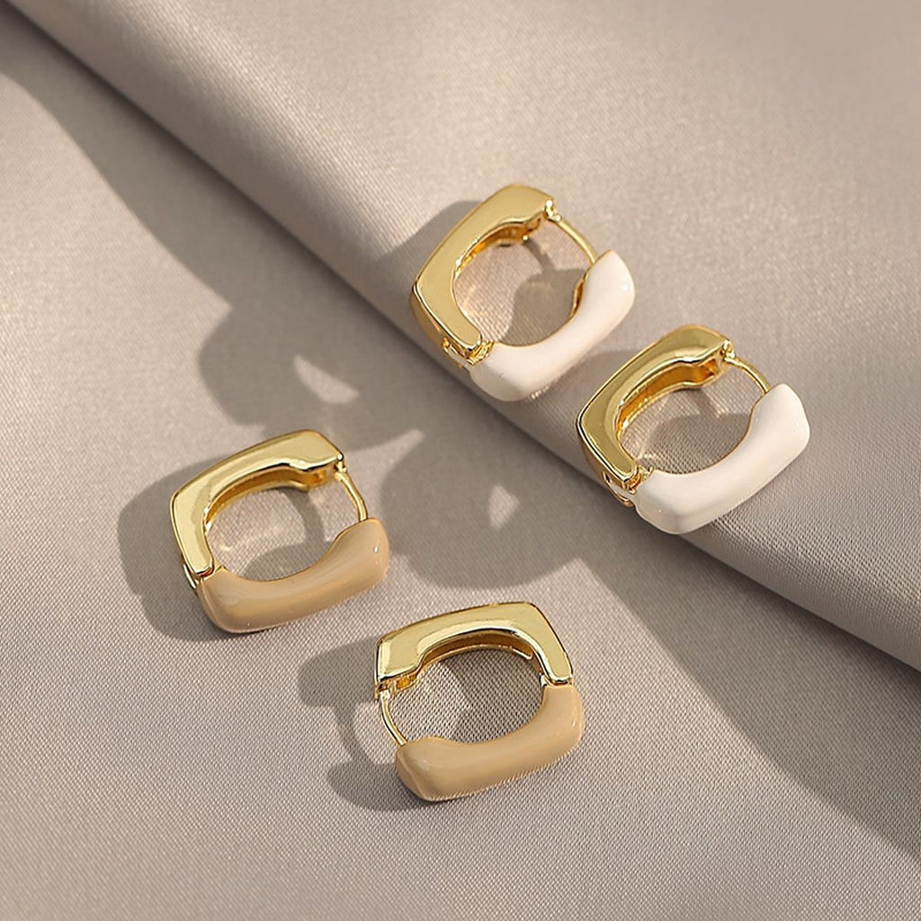 White Enamel Square 18K Gold Copper Stud Hoop Earring For Women Bulk