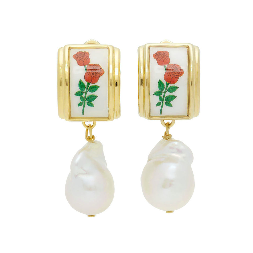 Tulip Enamel Baroque Pearl Gold Copper Dangling Drop Earring Bulk