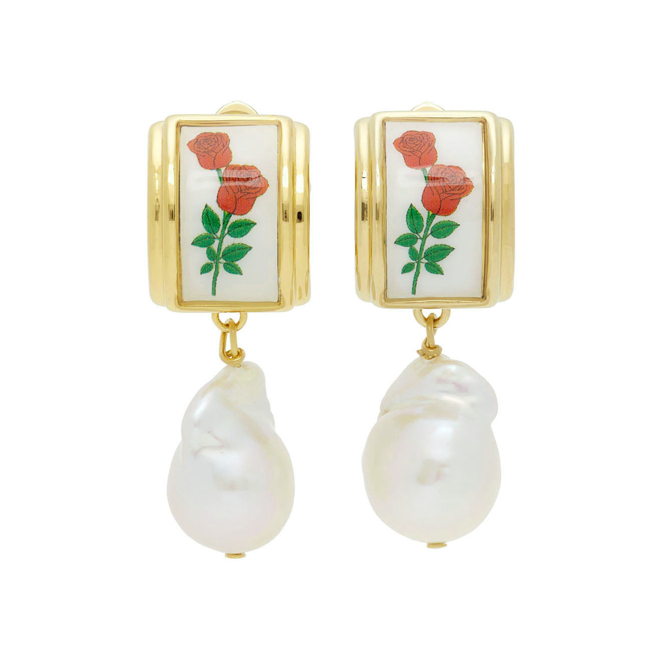 Tulip Enamel Baroque Pearl Gold Copper Dangling Drop Earring Bulk