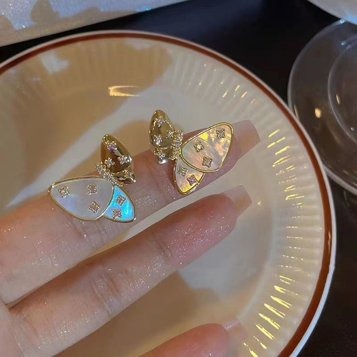 Butterfly Mother Of Pearl CZ Copper 18K Gold Stud Earring Bulk