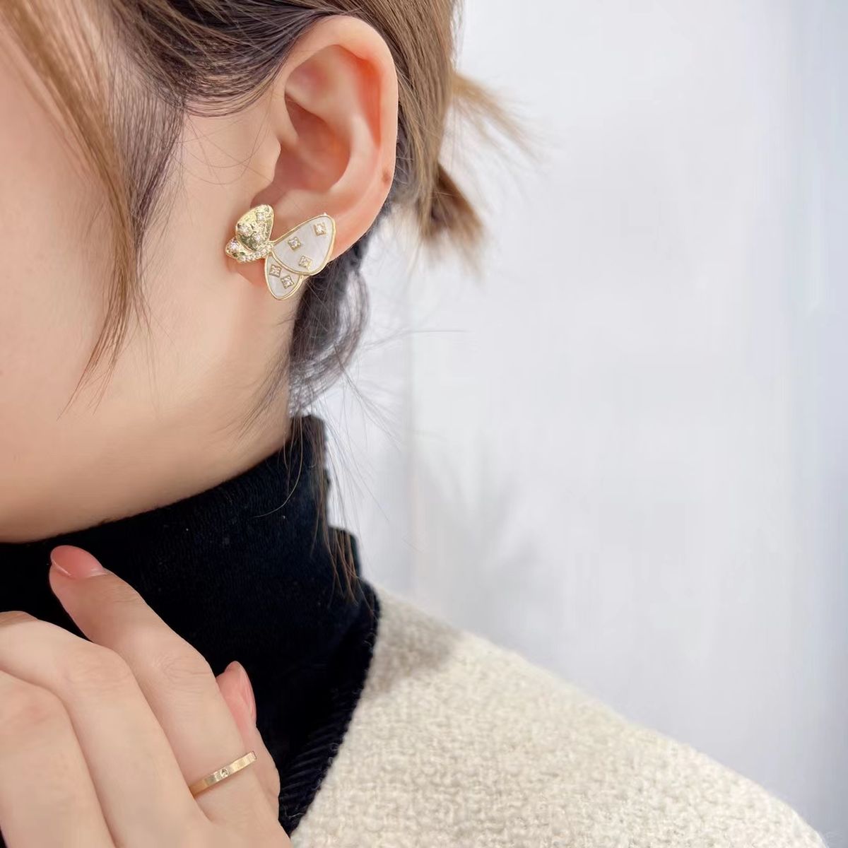 Butterfly Mother Of Pearl CZ Copper 18K Gold Stud Earring Bulk