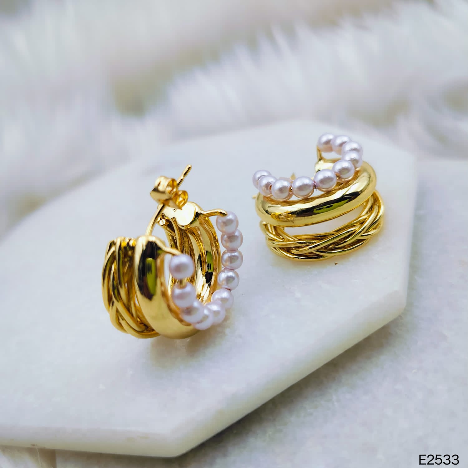 Pearl 18K Glossy Gold Triple Layer Hoop Bali Earring For Women Bulk