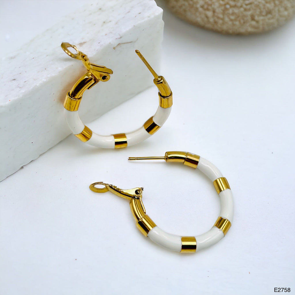 White Enamel 18K Glossy Gold Stainless Steel Hoop Earrings Women Bulk