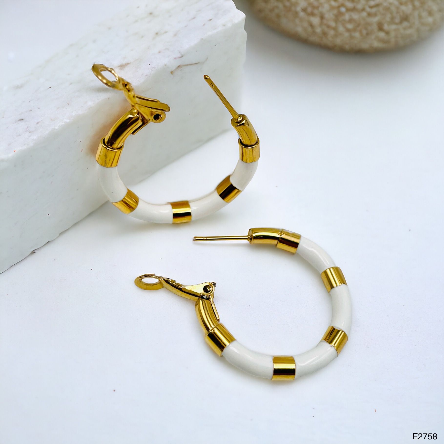 White Enamel 18K Glossy Gold Stainless Steel Hoop Earrings Women Bulk