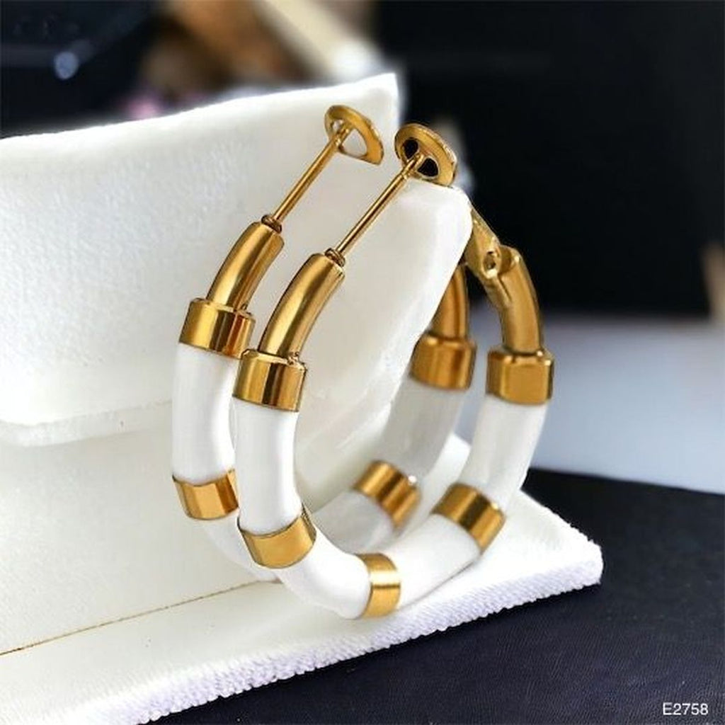 White Enamel 18K Glossy Gold Stainless Steel Hoop Earrings Women Bulk
