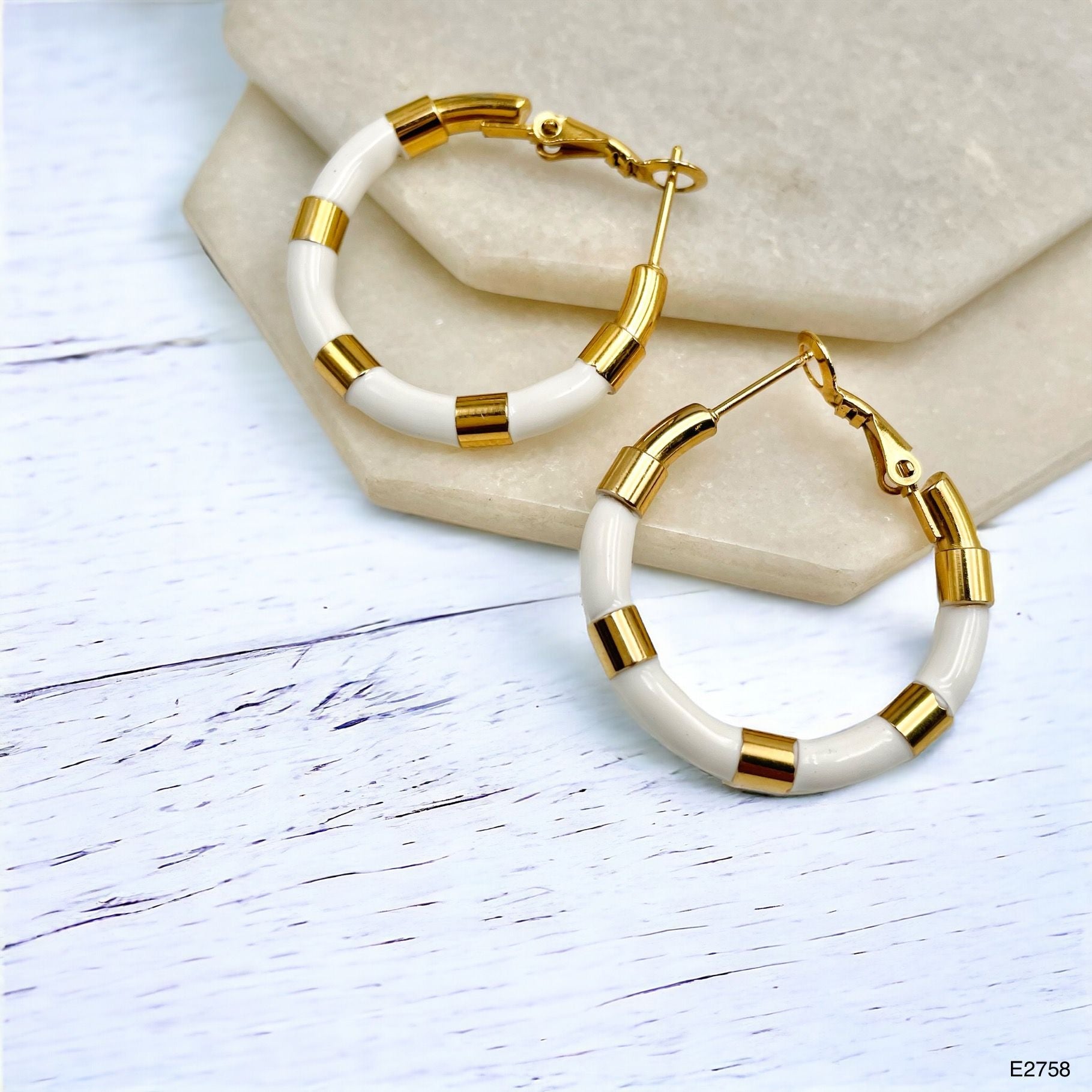 White Enamel 18K Glossy Gold Stainless Steel Hoop Earrings Women Bulk