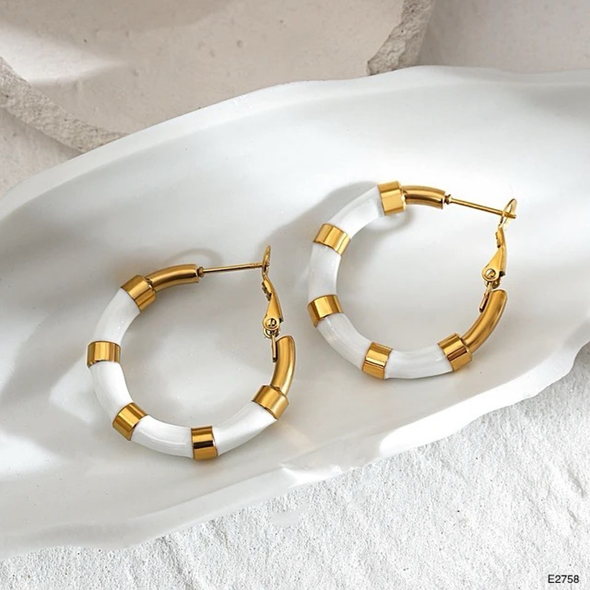White Enamel 18K Glossy Gold Stainless Steel Hoop Earrings Women Bulk