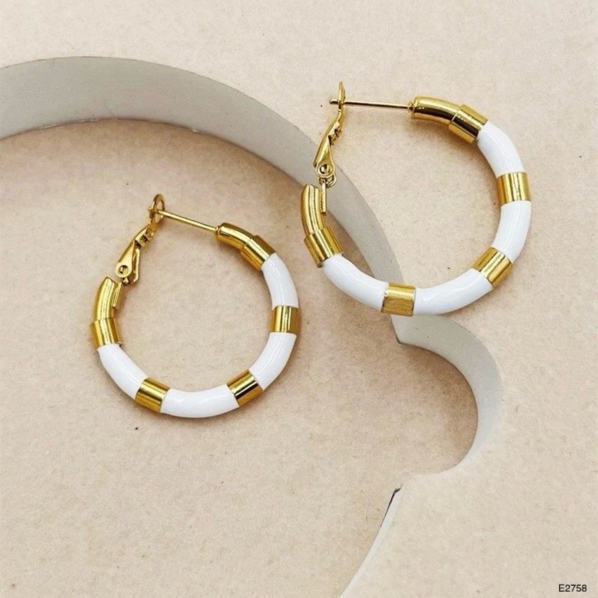 White Enamel 18K Glossy Gold Stainless Steel Hoop Earrings Women Bulk