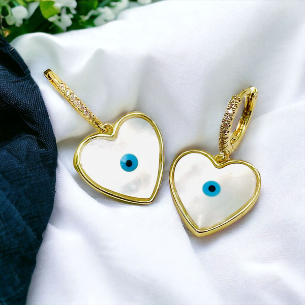 Heart Love Mother Of Pearl Evil Eye 18K Gold Anti Tarnish Hoop Drop Earring For Women Main image