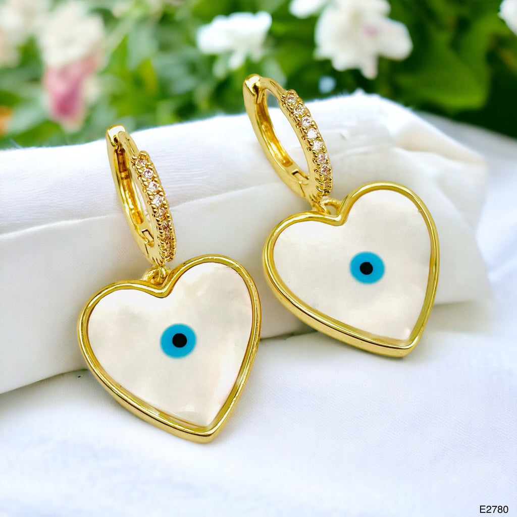 Heart Love Mother Of Pearl Evil Eye 18K Gold Anti Tarnish Hoop Drop Earring For Women