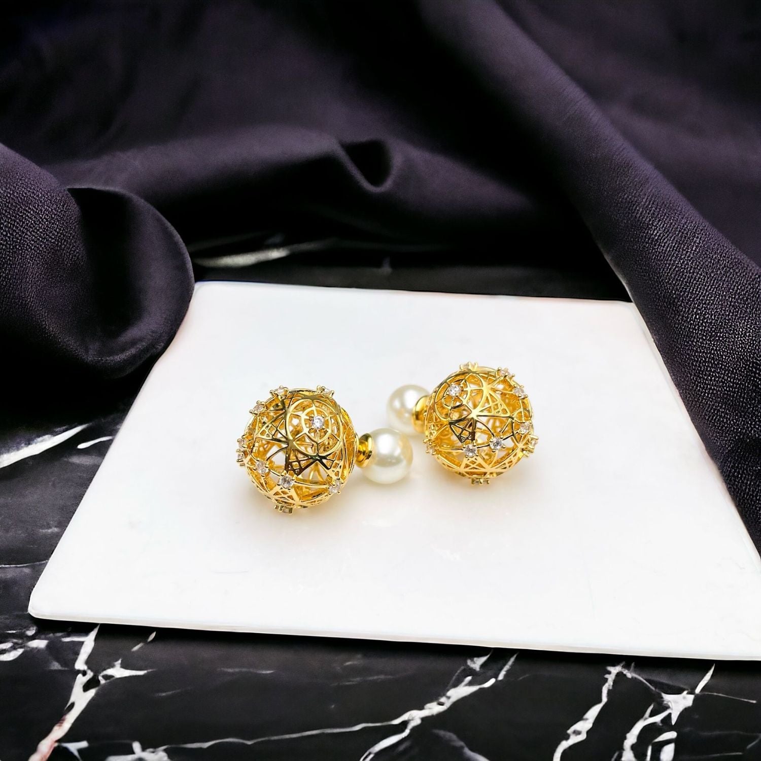 Fresh Water Pearl Baguette Zircons Gold Anti Tarnish Stud Earring Bulk Main image