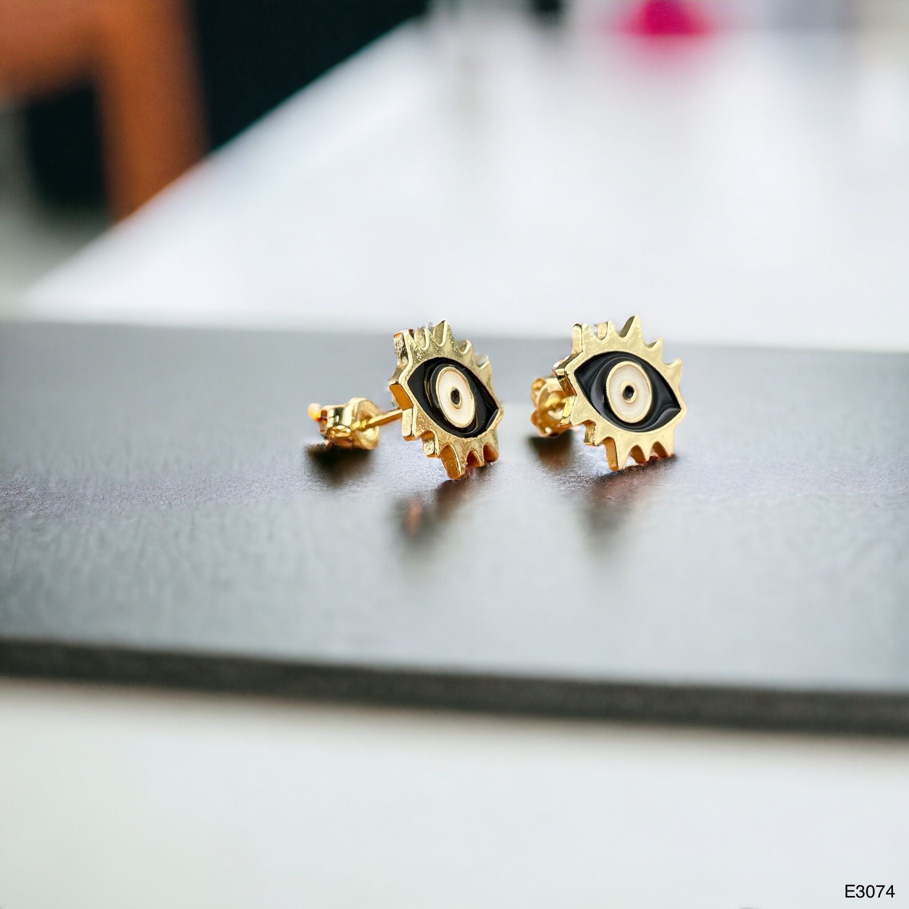 Oval Evil Eye Eyelash Blue Gold Copper Enamel Stud Earring Pair Bulk