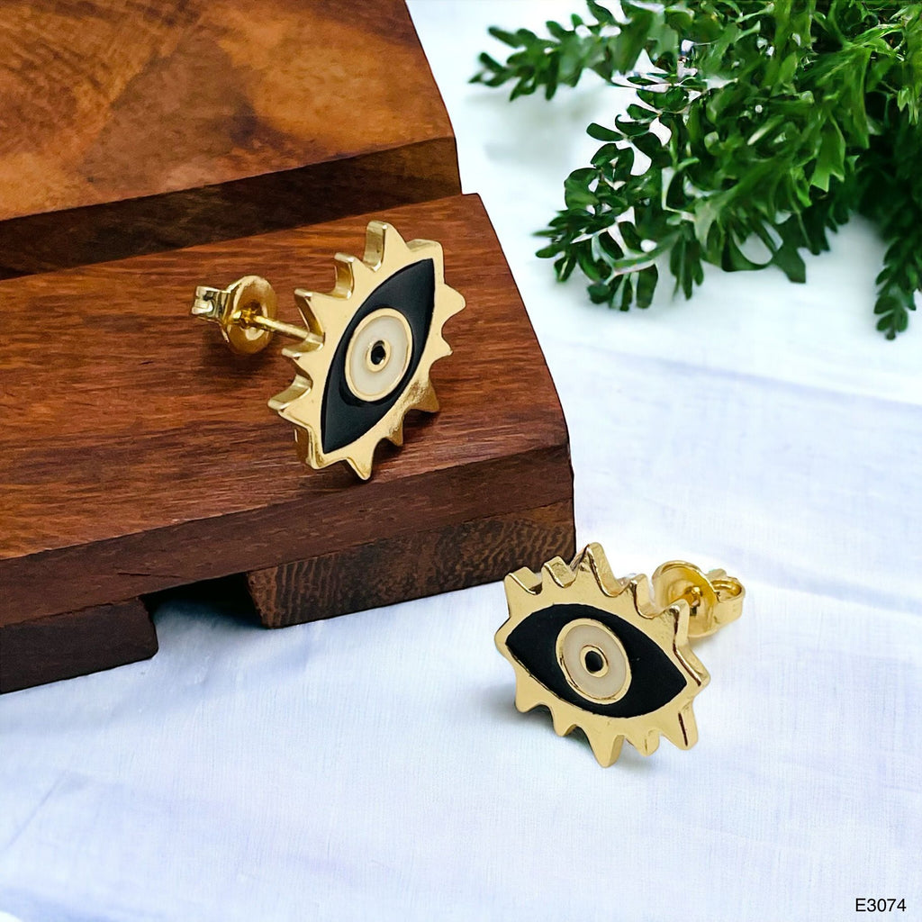 Oval Evil Eye Eyelash Blue Gold Copper Enamel Stud Earring Pair Bulk