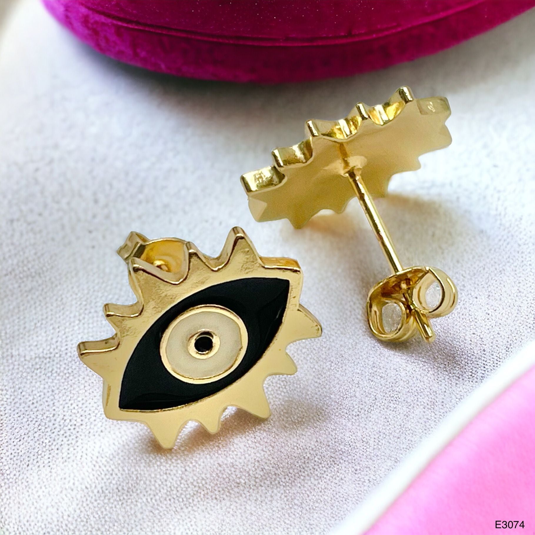 Oval Evil Eye Eyelash Blue Gold Copper Enamel Stud Earring Pair Bulk