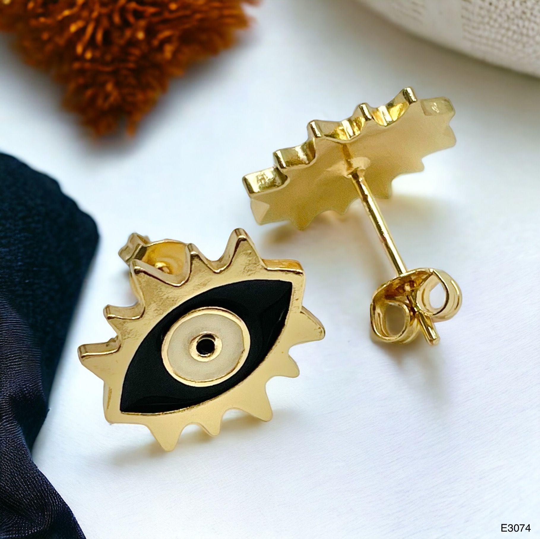 Oval Evil Eye Eyelash Blue Gold Copper Enamel Stud Earring Pair Bulk