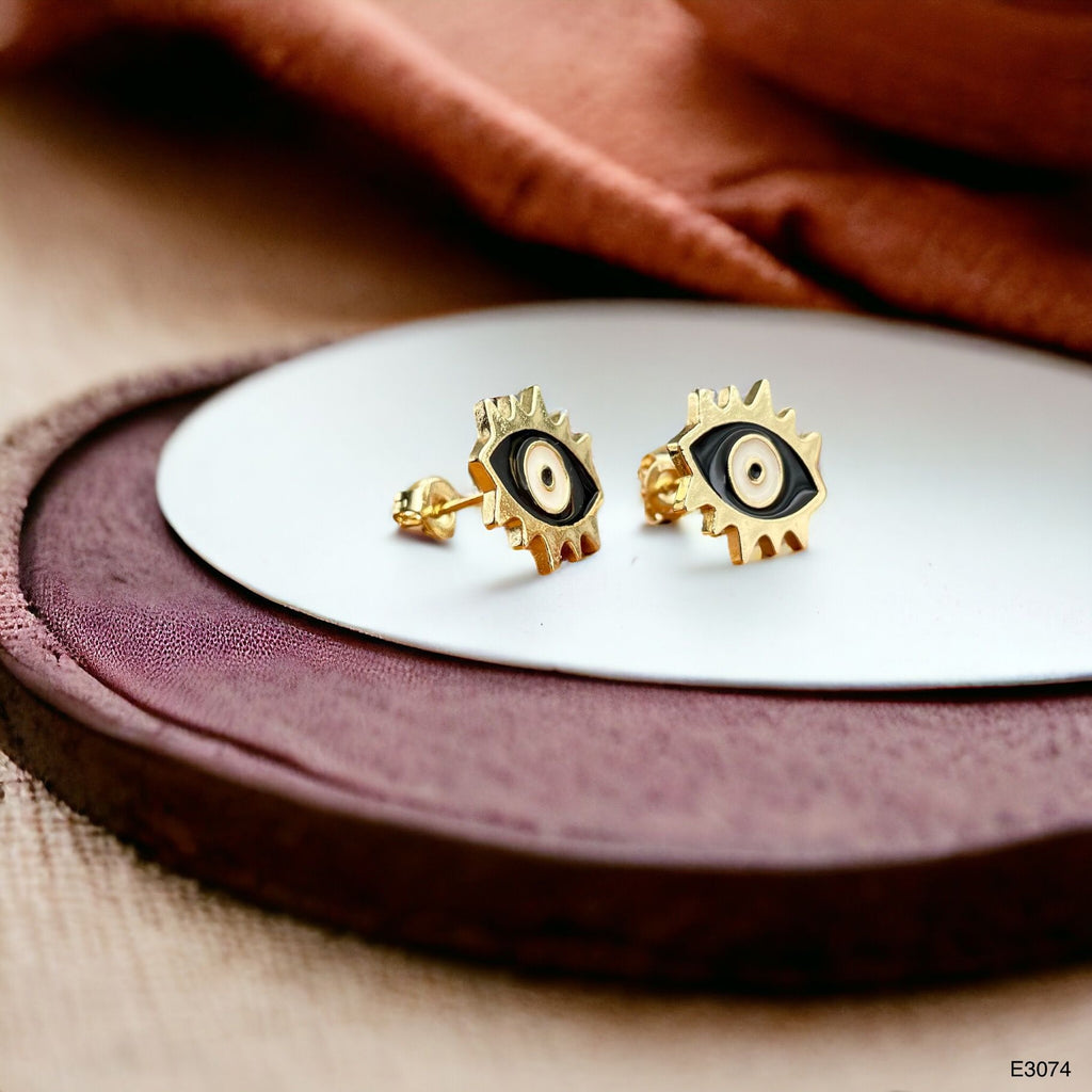 Oval Evil Eye Eyelash Blue Gold Copper Enamel Stud Earring Pair Bulk