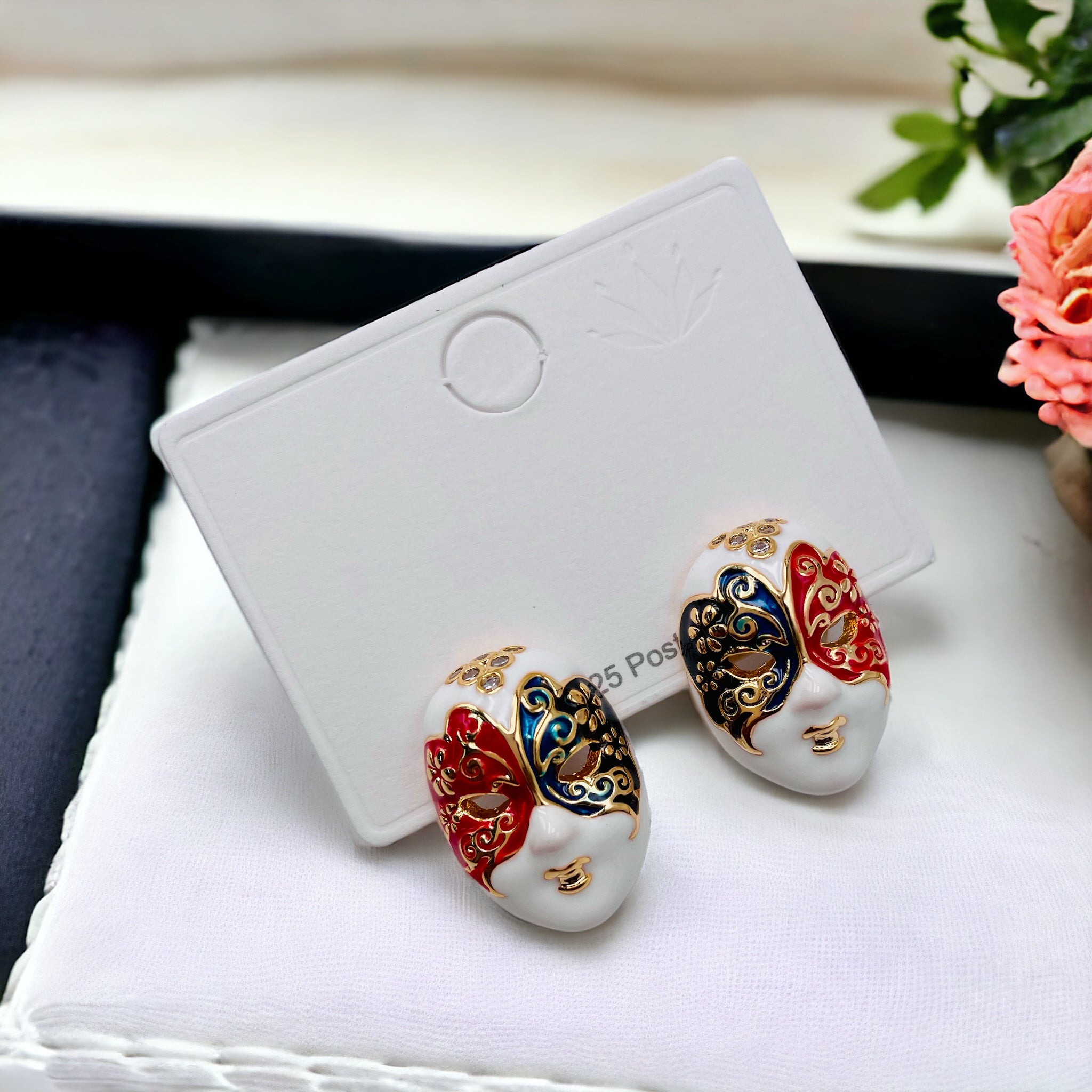 Venetian Face Mask Enamel Multi Gold Anti Tarnish Stud Earring Bulk