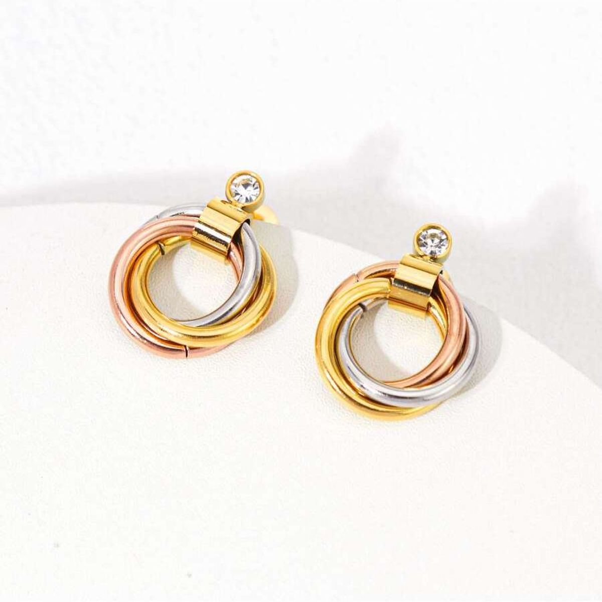 Triple Joint Ring Cubic Zirconia 18K Rose Gold Silver Anti Tarnish Dangler Drop Earring Pair For Women