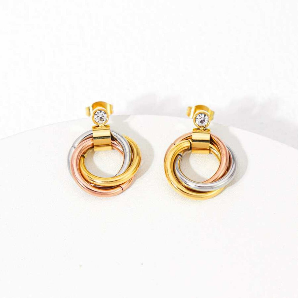 Triple Joint Ring Cubic Zirconia 18K Rose Gold Silver Anti Tarnish Dangler Drop Earring Pair For Women