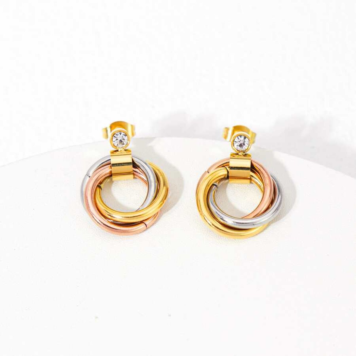Triple Joint Ring Cubic Zirconia 18K Rose Gold Silver Anti Tarnish Dangler Drop Earring Pair For Women