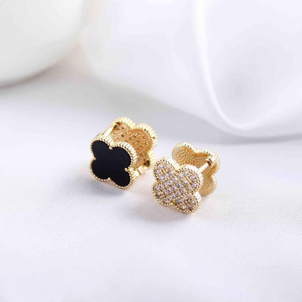 Clover Flower Cubic Zirconia Enamel Black 18K Gold Anti Tarnish Stainless Steel Stud Earring For Women