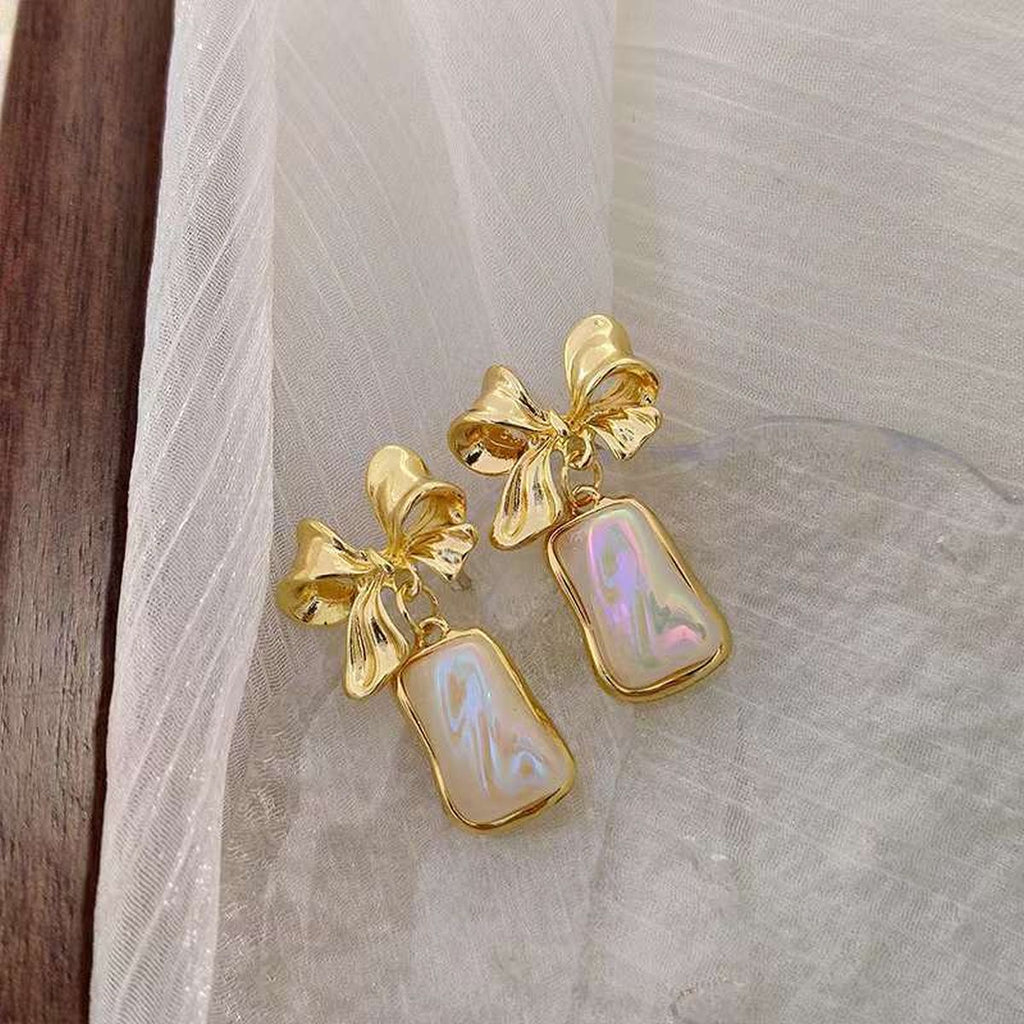 Ribbon Bow Mother Of Pearl White 18K Gold Anti Tarnish Dangler Drop Earring For Women