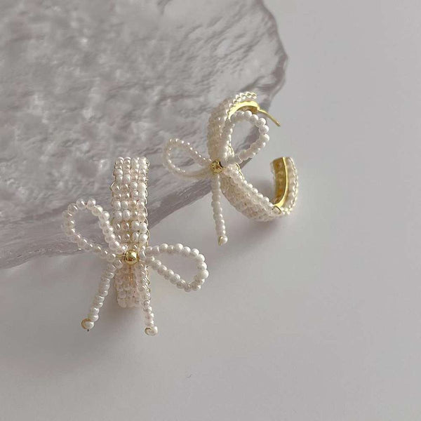 Ribbon Bow Pearl White 18K Gold Anti Tarnish Hoop Earring Women Bulk Main image