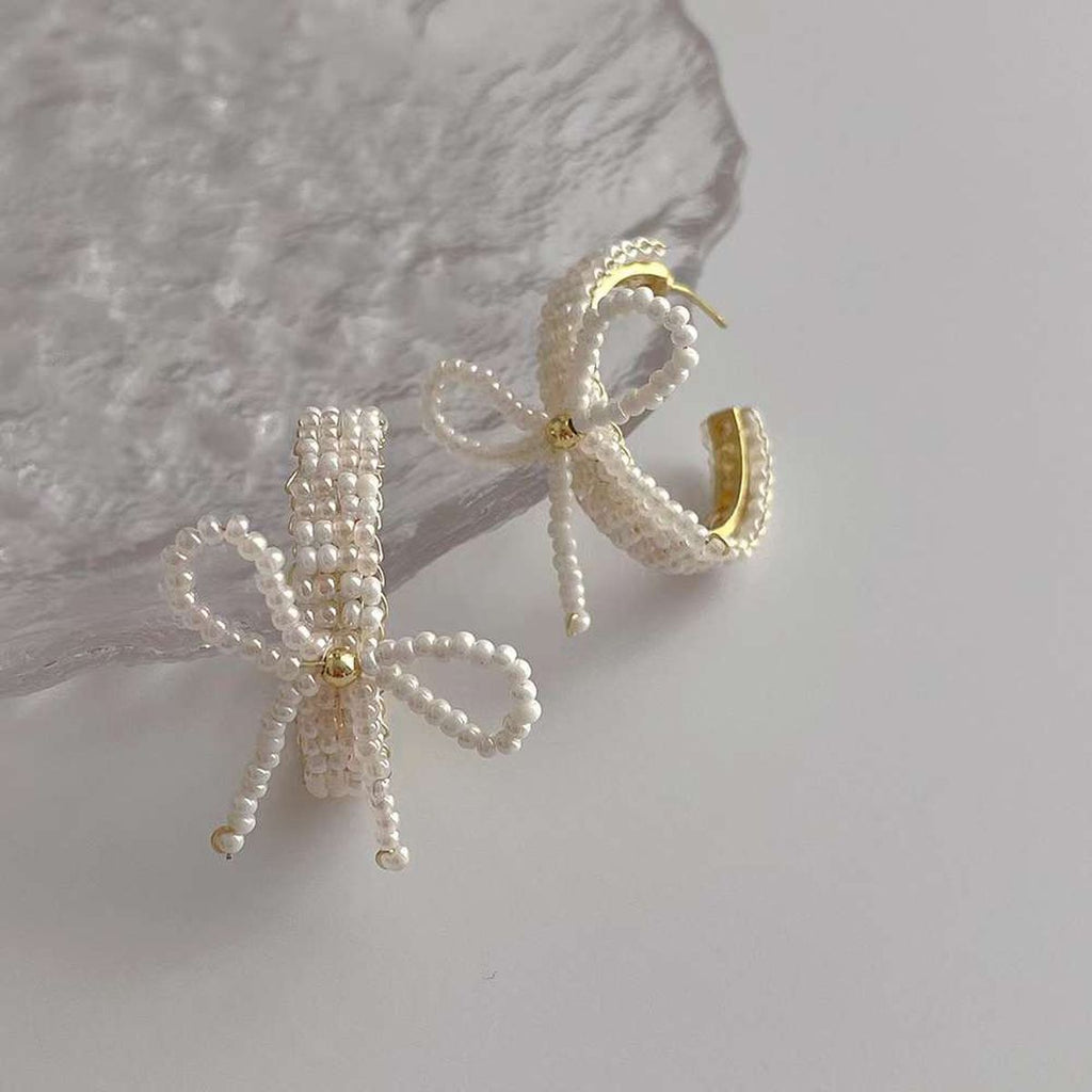 Ribbon Bow Pearl White 18K Gold Anti Tarnish Hoop Earring Women Bulk
