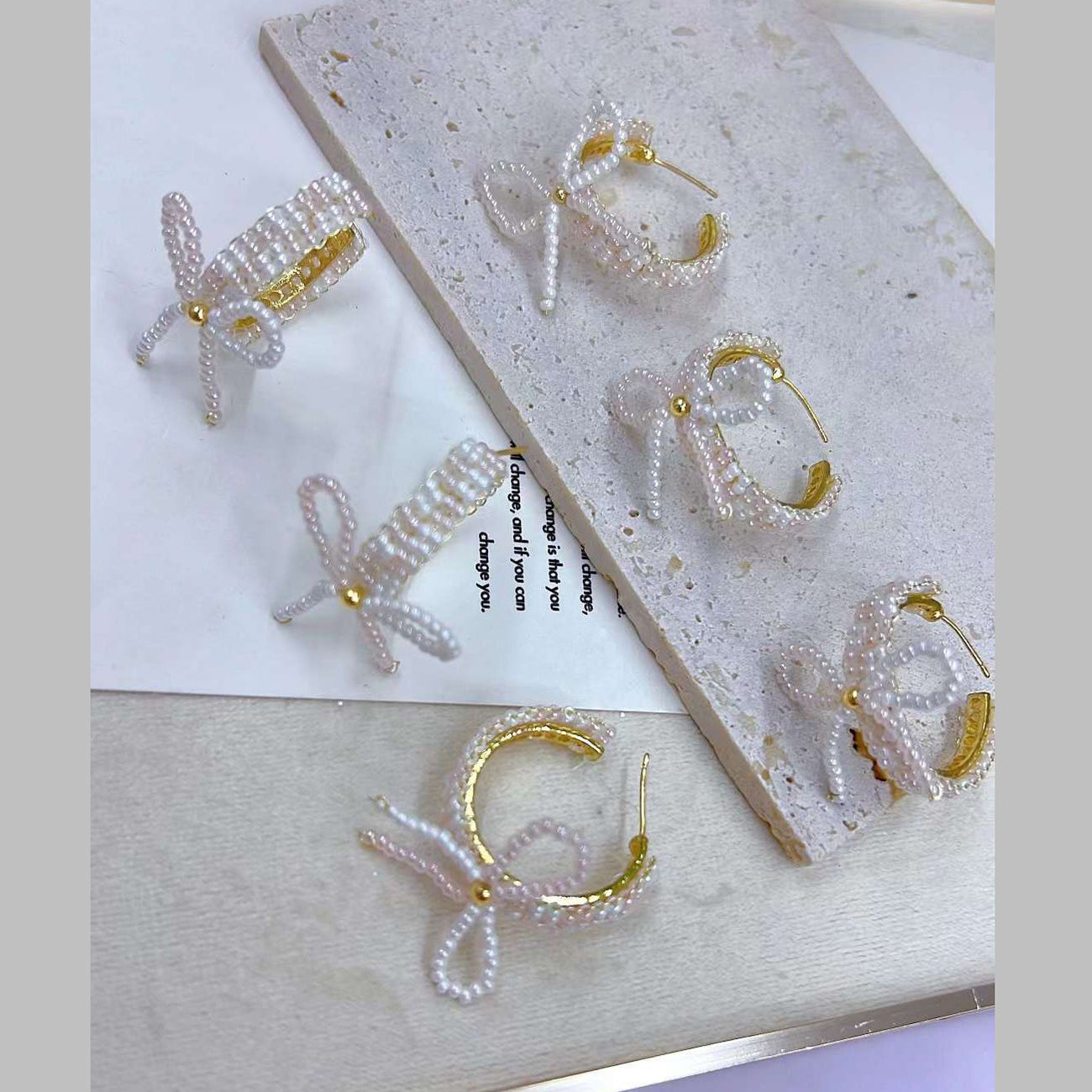 Ribbon Bow Pearl White 18K Gold Anti Tarnish Hoop Earring Women Bulk