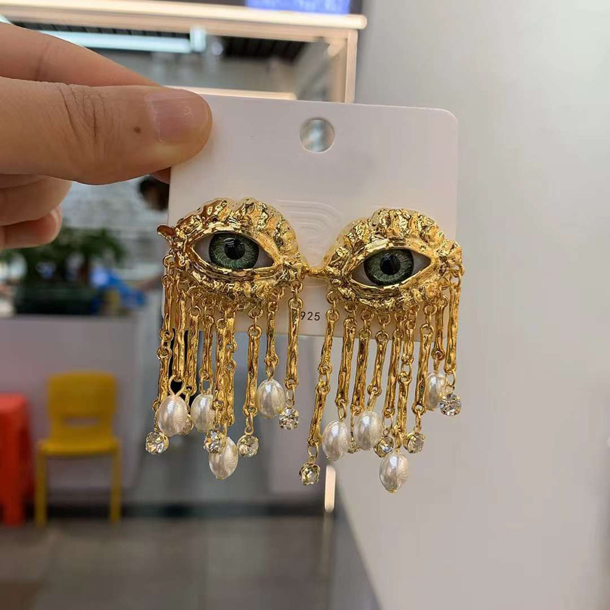 Evil Eye CZ Pearl Green Gold Anti Tarnish Dangler Tassel Earring Bulk