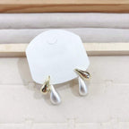 Two Tone Dual Drop 18K Gold White Pearl Anti Tarnish Stud Drop Earring For Women