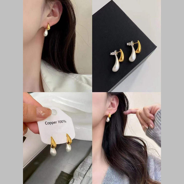 Two Tone Dual Drop 18K Gold White Pearl Anti Tarnish Stud Drop Earring For Women Secondary image