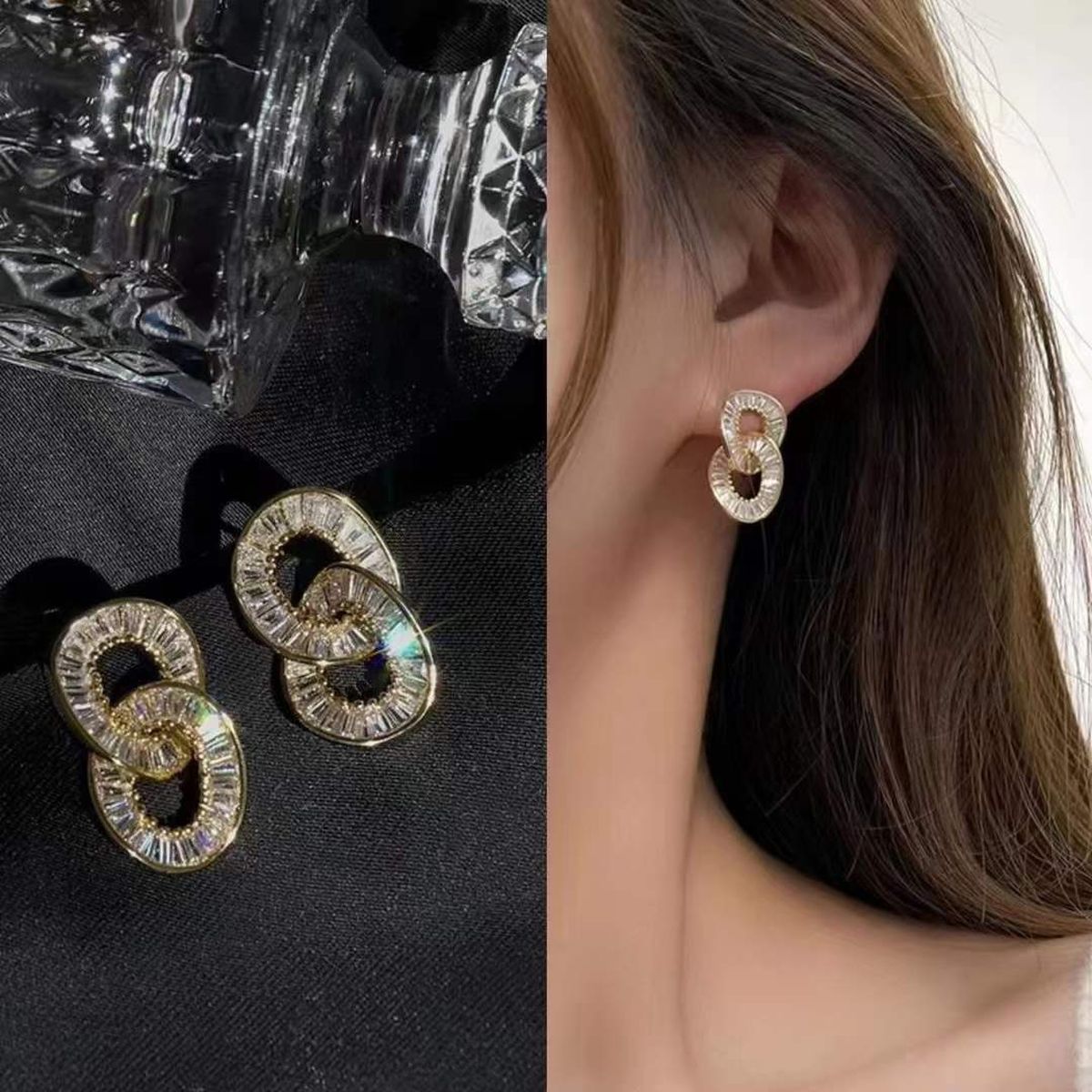 Baguette Joint Ring 18K Gold CZ Anti Tarnish Dangler Earring Bulk Main image