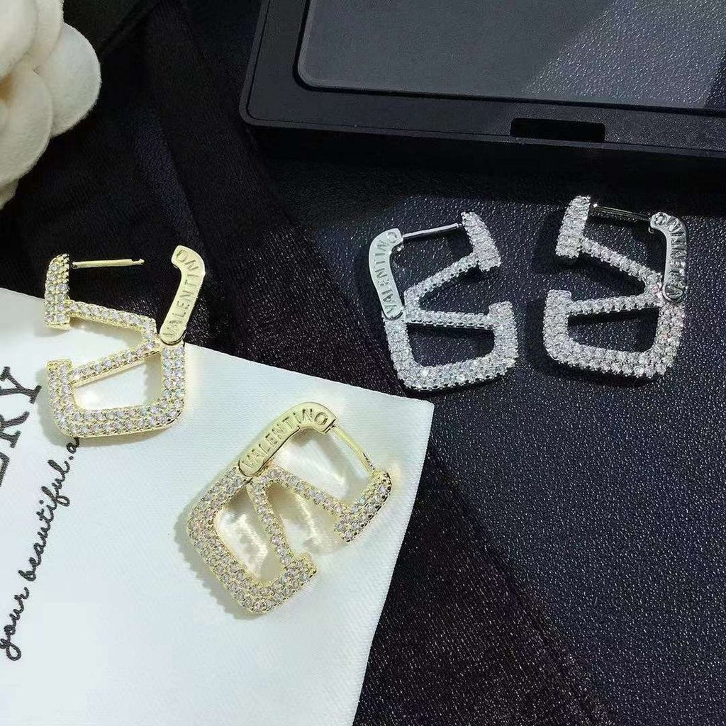 Baguette Cut V Letter Gold CZ Anti Tarnish Dangler Hoop Earring Bulk