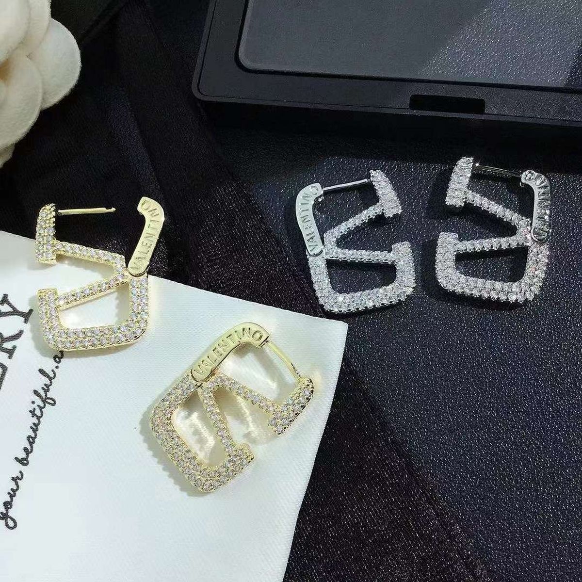 Baguette Cut V Letter Gold CZ Anti Tarnish Dangler Hoop Earring Bulk