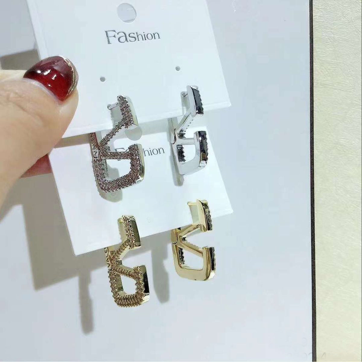Baguette Cut V Letter Gold CZ Anti Tarnish Dangler Hoop Earring Bulk