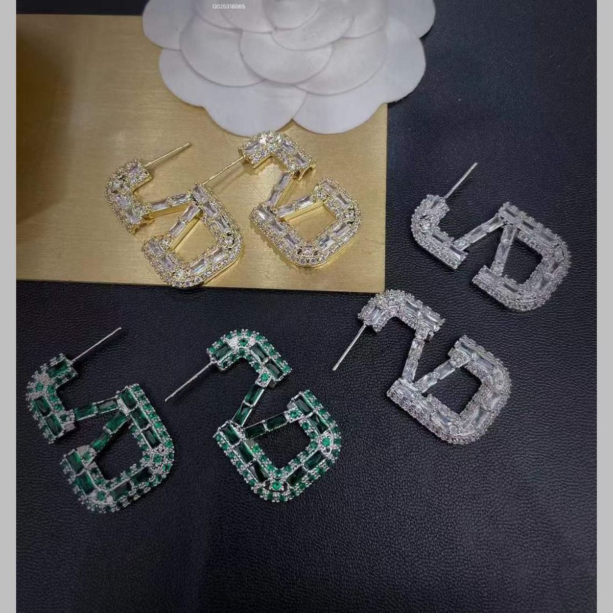 Baguette Cut V Letter Gold CZ Anti Tarnish Dangler Hoop Earring Bulk Main image