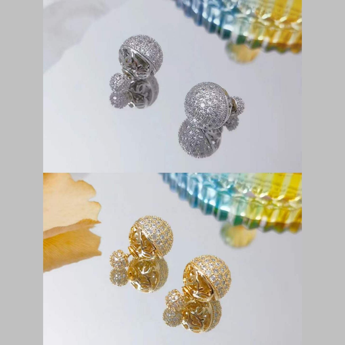 Dual Ball 18K Gold Cubic Zirconia Anti Tarnish Stud Earring Women Bulk