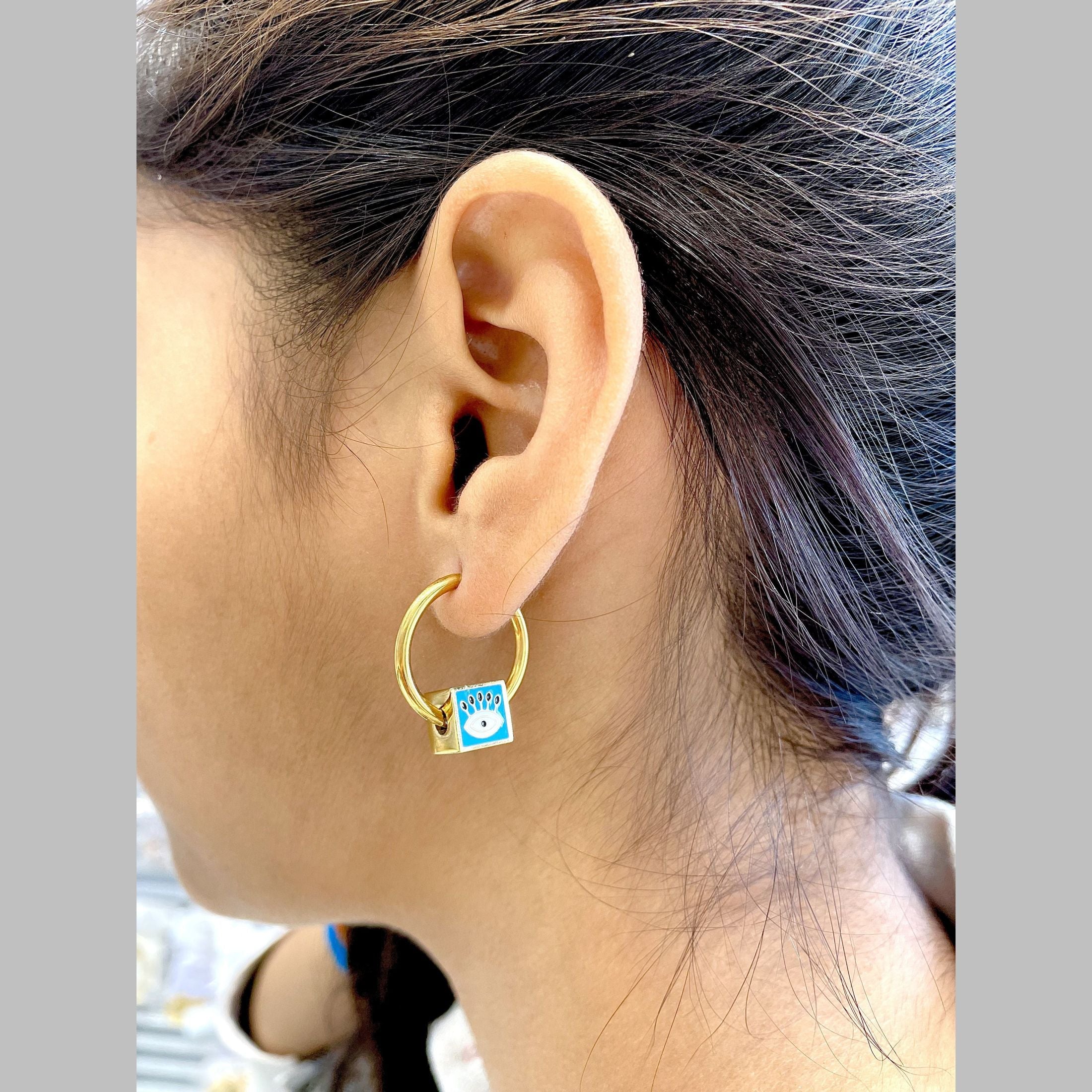 Square Evil Eye Green 18K Gold Enamel Anti Tarnish Hoop Earring Bulk