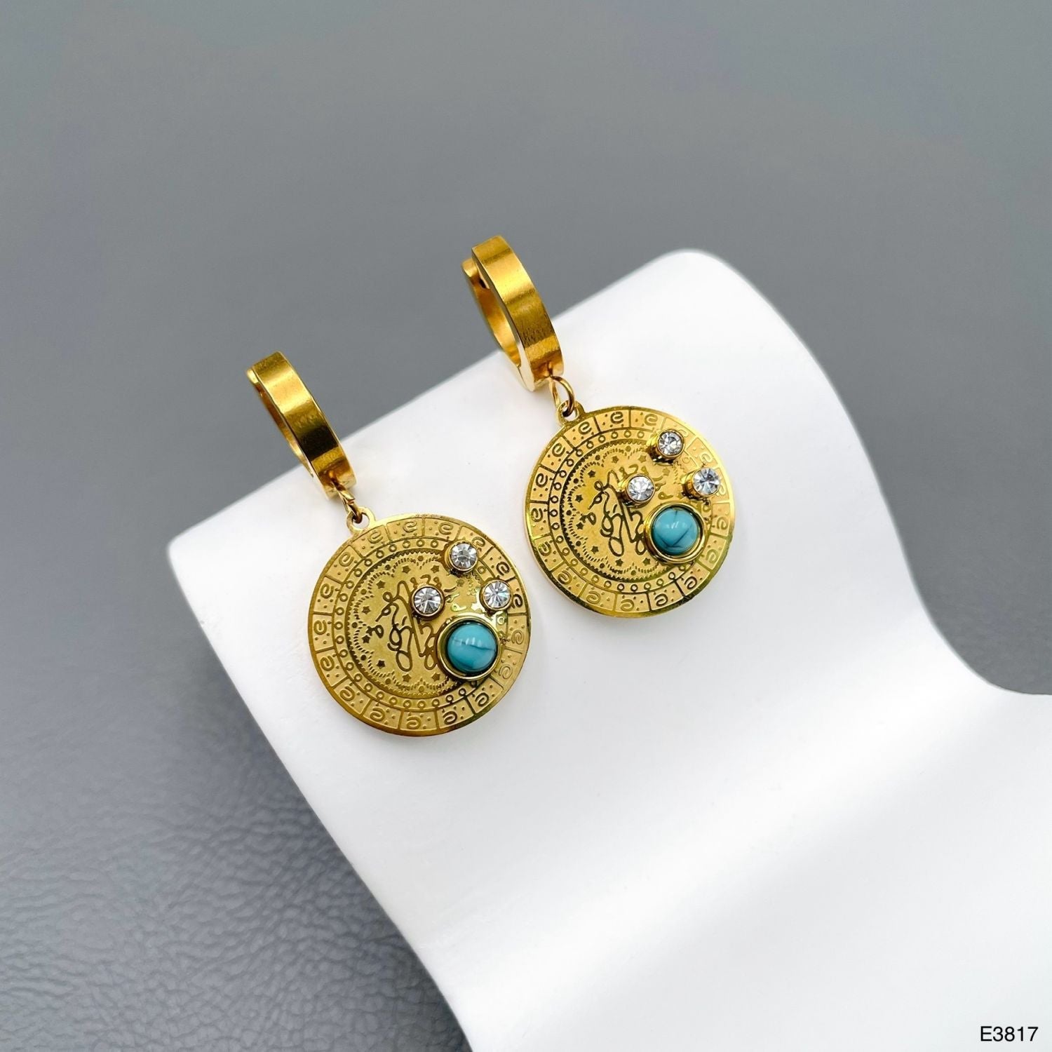 Medallion Cubic Zirconia Stainless Steel Green 18K Gold Anti Tarnish Dangler Hoop Earring For Women Main image