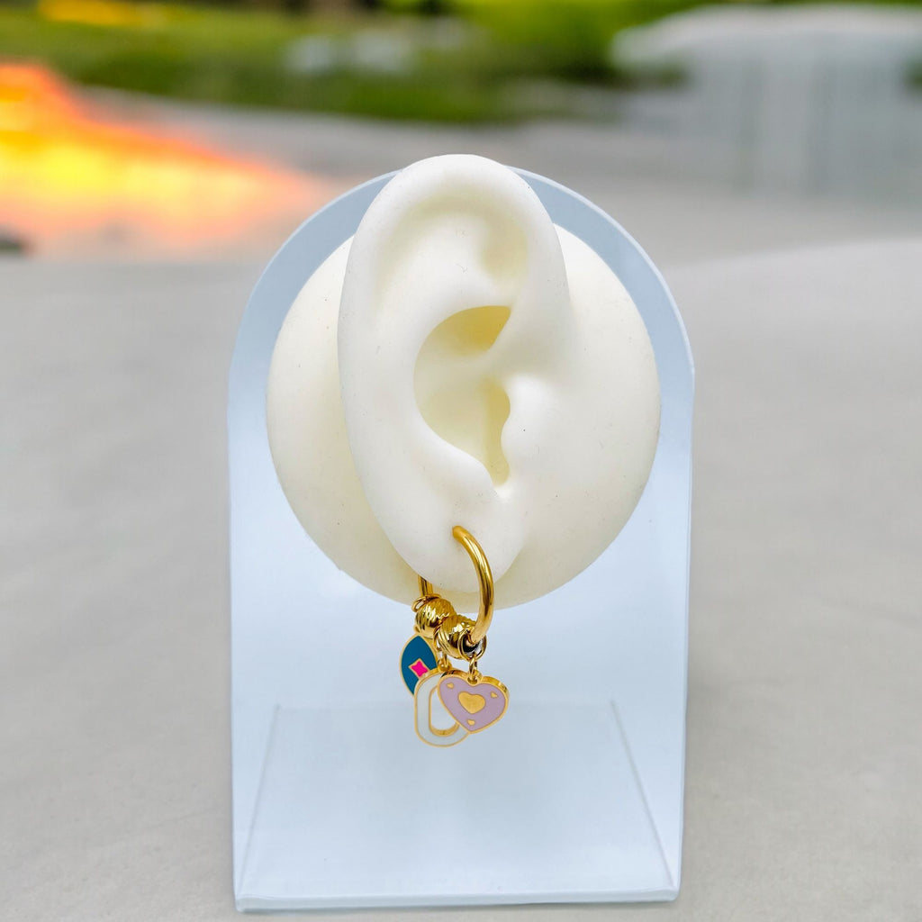 Heart Charm Enamel Stainless Steel Multi 18K Gold Anti Tarnish Dangler Hoop Earring For Women