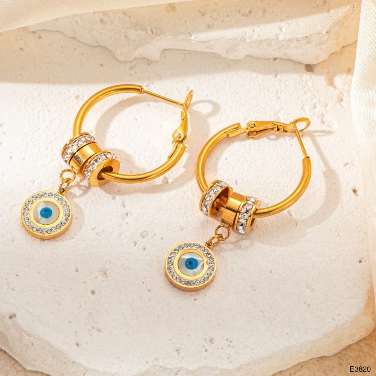 Evil Eye White 18K Gold Cubic Zirconia Mother Of Pearl Anti Tarnish Hoop Dangler Earring For Women Main image