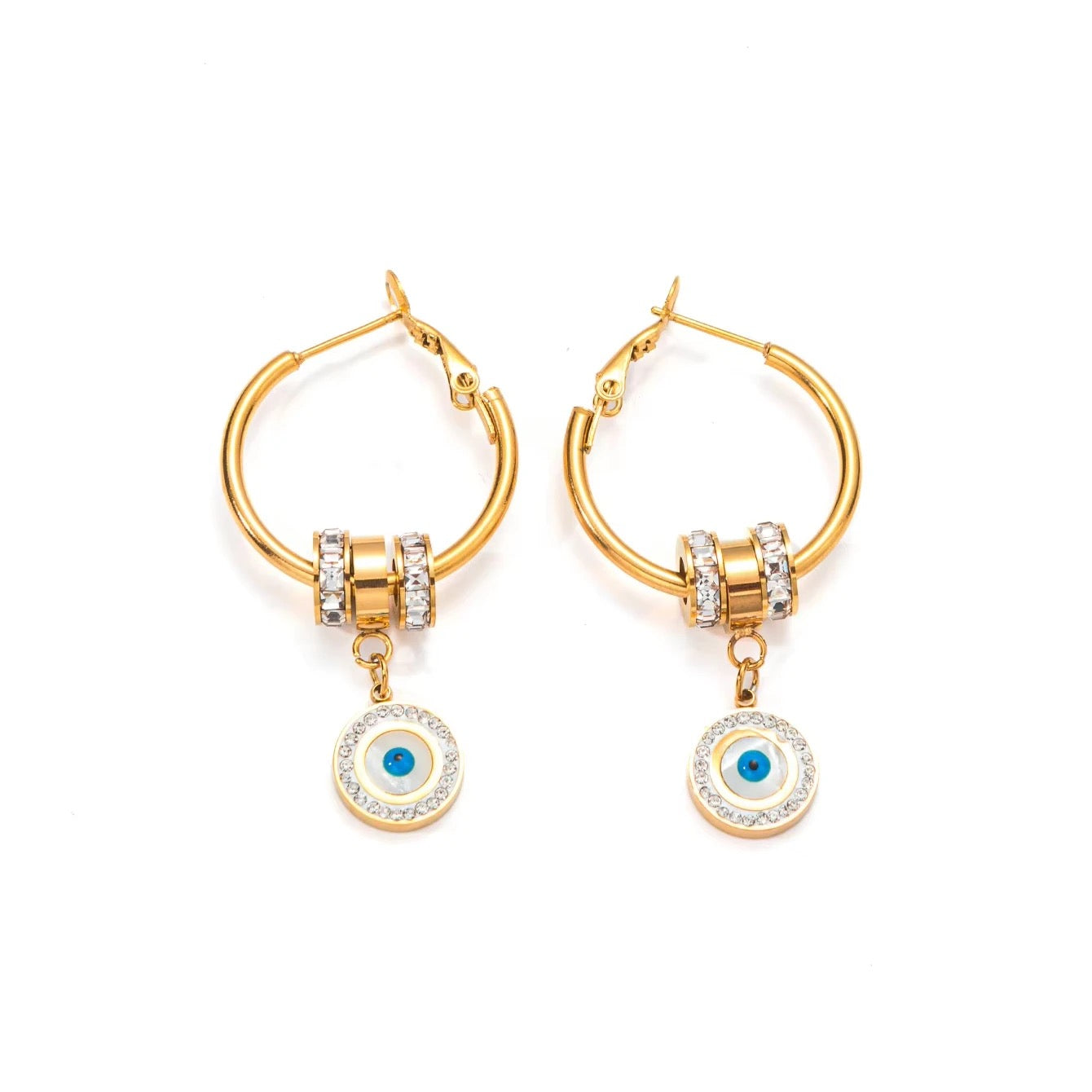 Evil Eye White 18K Gold Cubic Zirconia Mother Of Pearl Anti Tarnish Hoop Dangler Earring For Women Secondary image