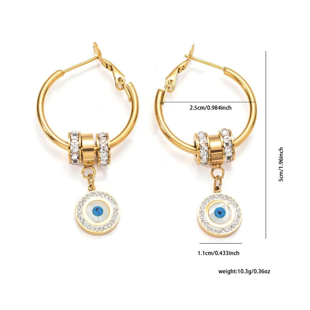 Evil Eye White 18K Gold Cubic Zirconia Mother Of Pearl Anti Tarnish Hoop Dangler Earring For Women