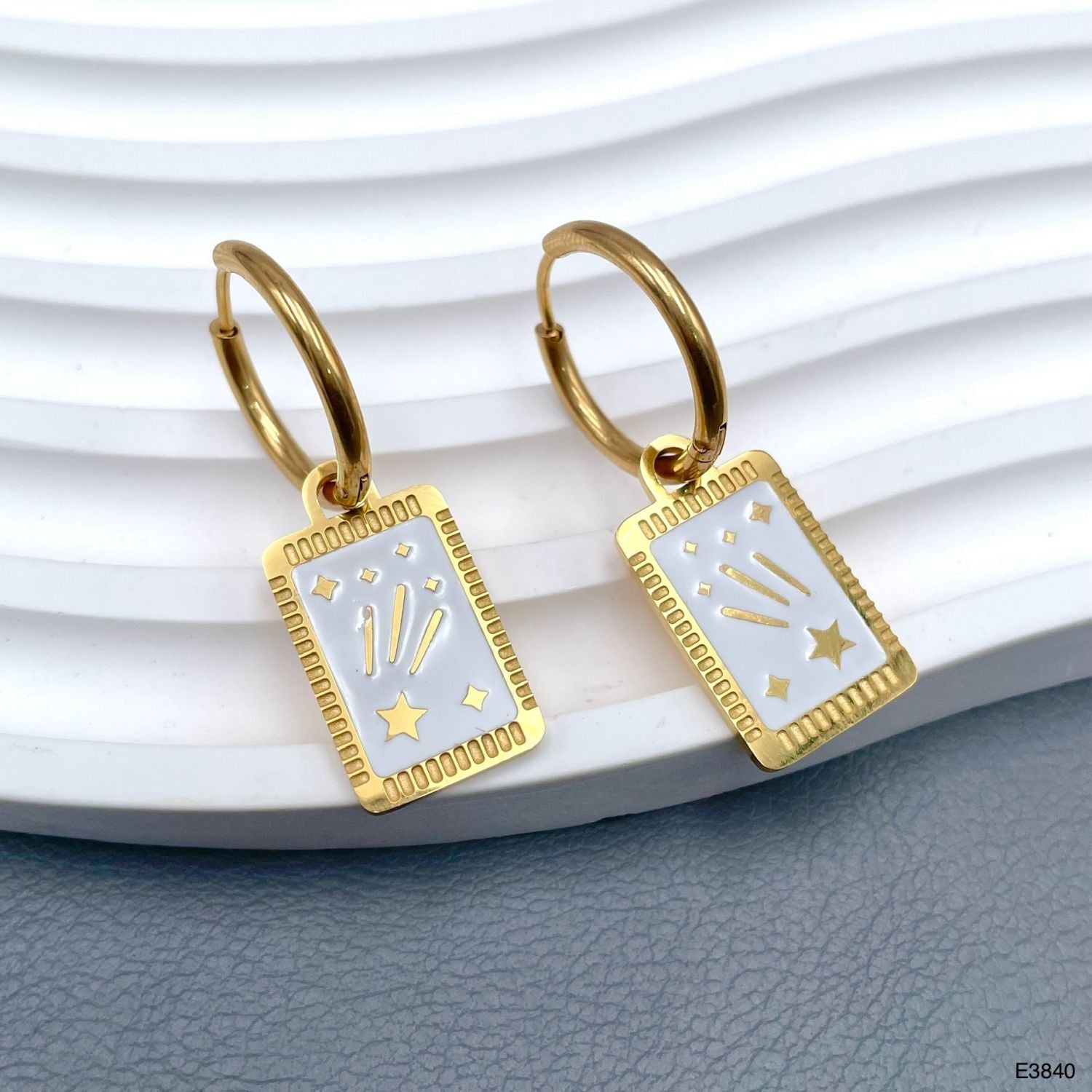 Rectangle White Gold Enamel Stainless Steel Hoop Dangler Earring Bulk Main image