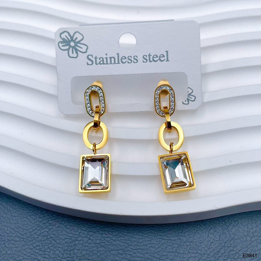 Rectangle Solitaire 18K Gold CZ Stainless Steel Dangler Earring Bulk