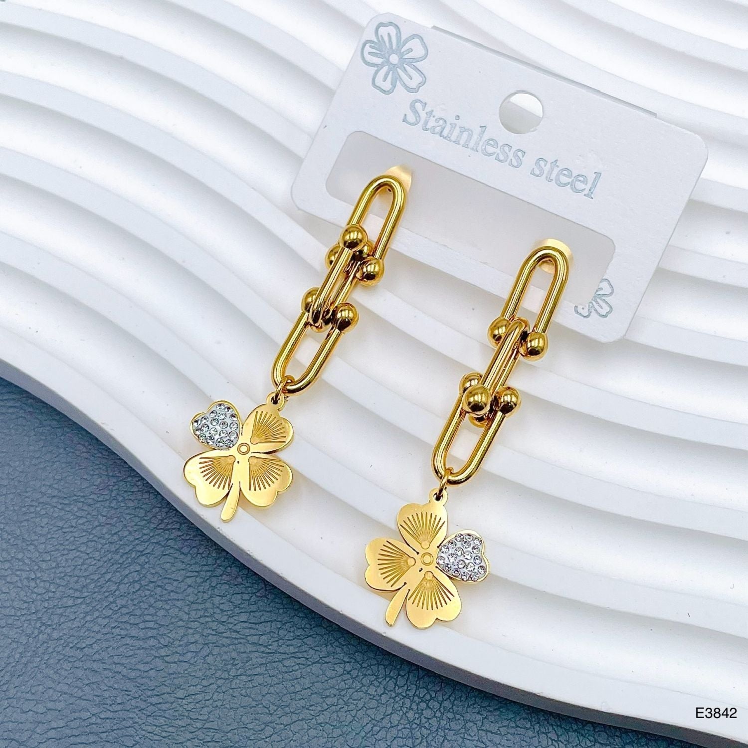 Clover Flower 18K Gold CZ Stainless Steel Dangler Earring Bulk Main image