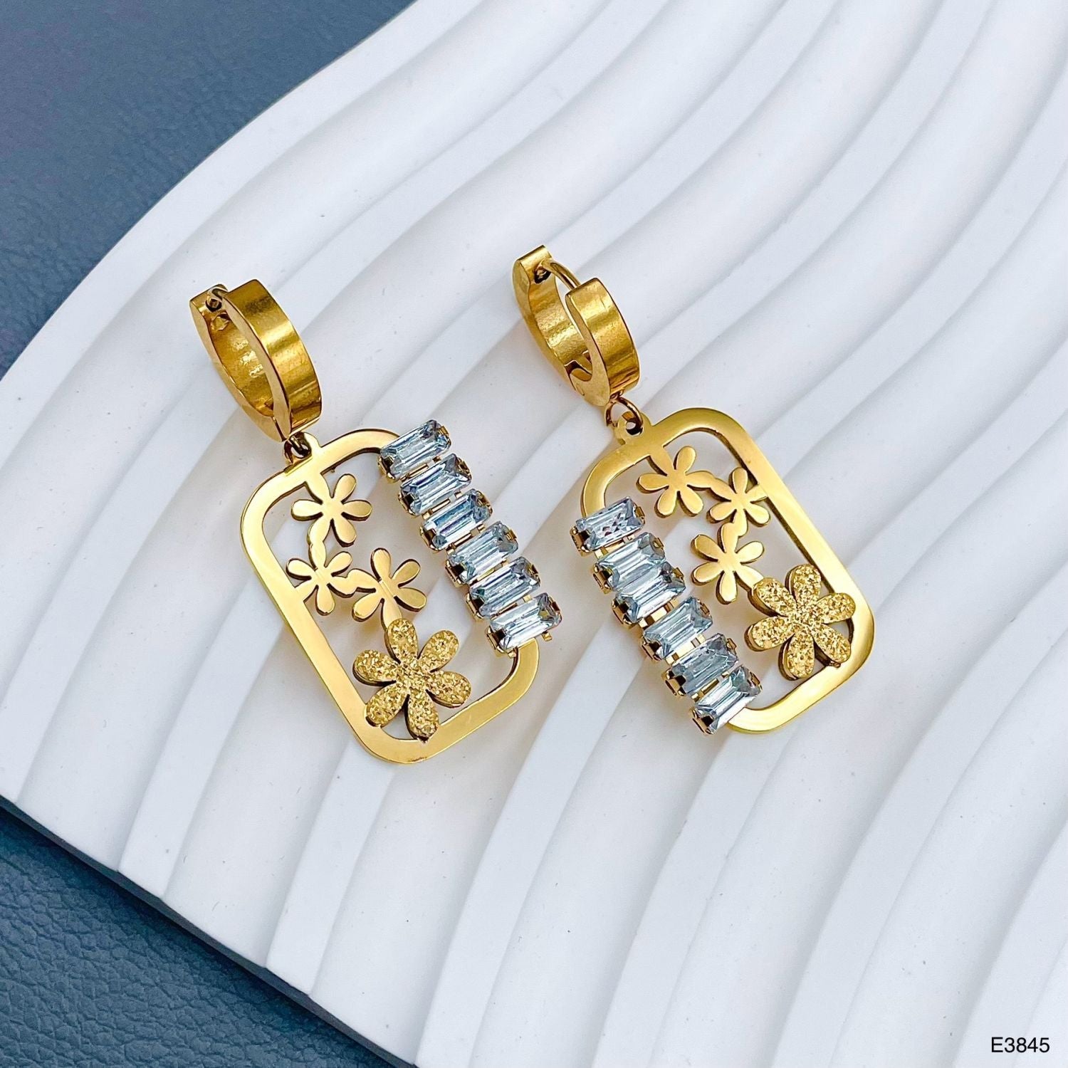 Baguette Flower Frame 18K Gold CZ Stainless Steel Dangler Earring Bulk Main image