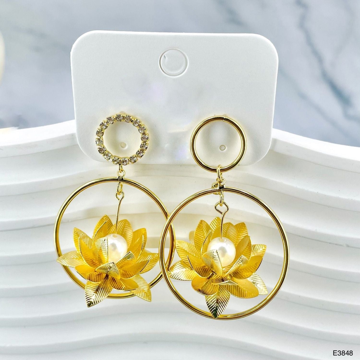 Lotus Flower 18K Gold CZ Pearl Anti Tarnish Dangler Earring Bulk Main image